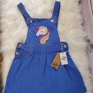 The 1964 Denim Company Girl's Denim Overall Dress with Embroidered Unicorn Sz 2